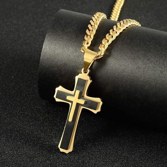Men’s Gold Black Cross Cuban Chain Necklace - Picture 1 of 8
